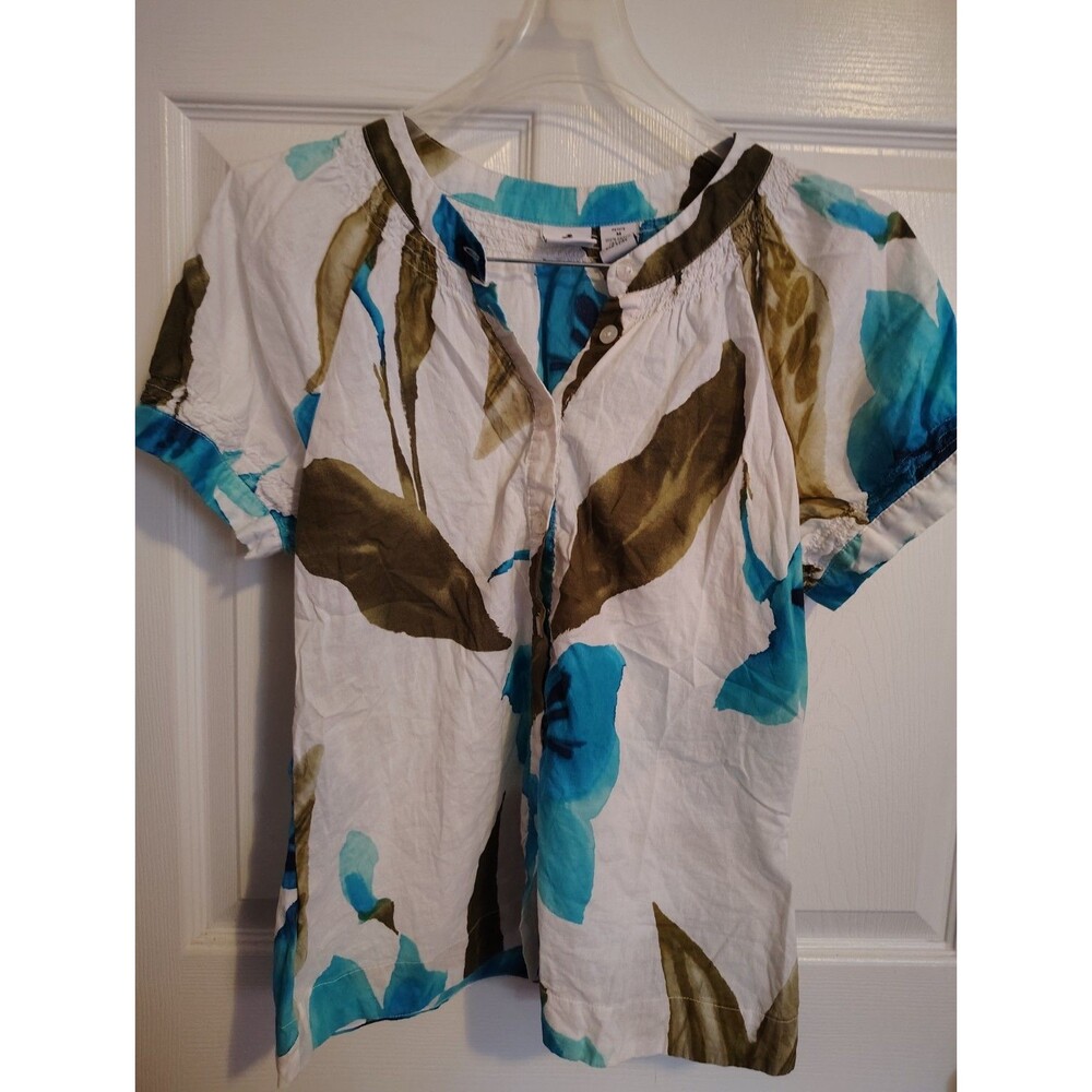 Caribbean Joe Women’s M White Blue Brown Floral Band Collar Button Blouse